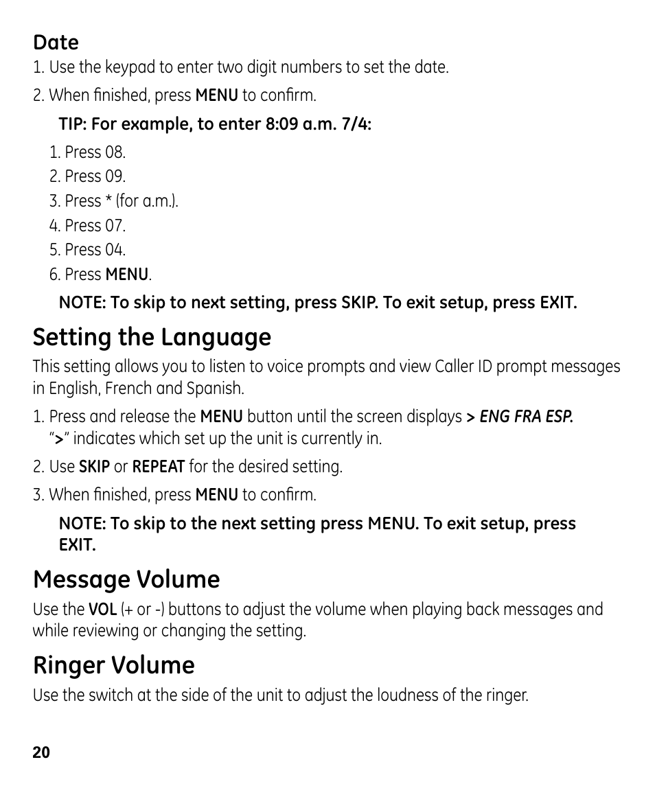 Setting the language, Message volume, Ringer volume | Date | GE 00024178 User Manual | Page 20 / 44