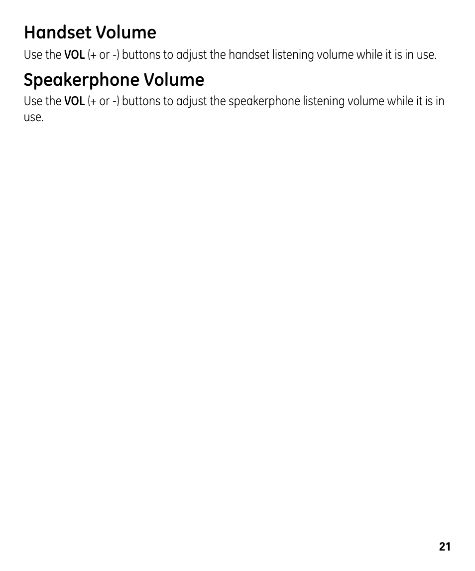 Handset volume, Speakerphone volume | GE 00024178 User Manual | Page 21 / 44