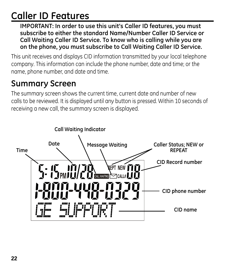 Caller id features, Summary screen | GE 00024178 User Manual | Page 22 / 44