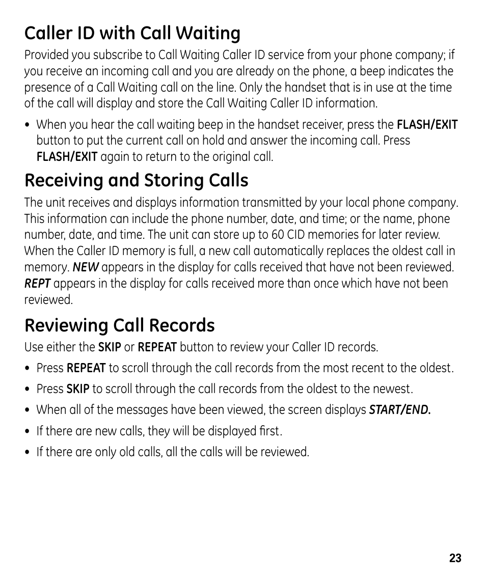 Caller id with call waiting, Receiving and storing calls, Reviewing call records | GE 00024178 User Manual | Page 23 / 44