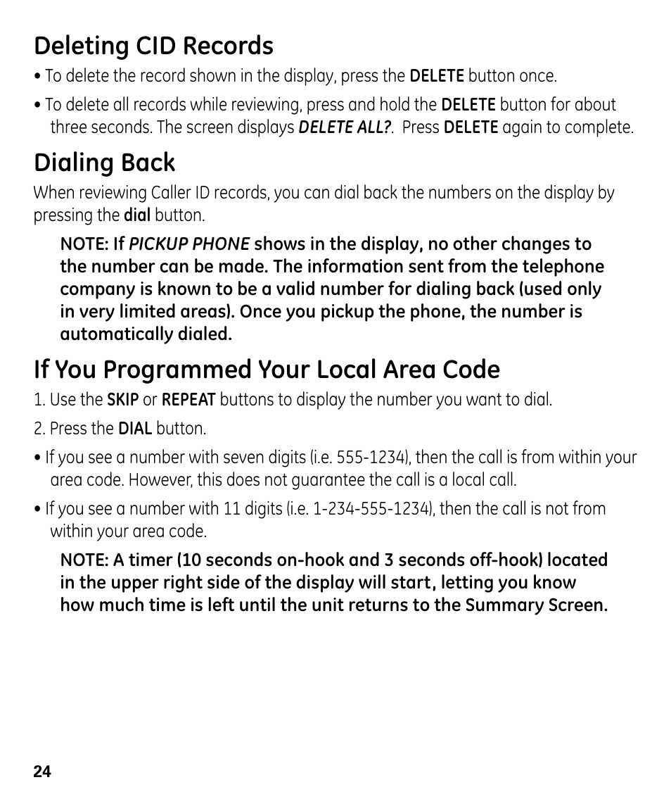 Deleting cid records, Dialing back, If you programmed your local area code | GE 00024178 User Manual | Page 24 / 44