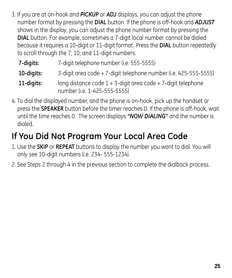 If you did not program your local area code | GE 00024178 User Manual | Page 25 / 44