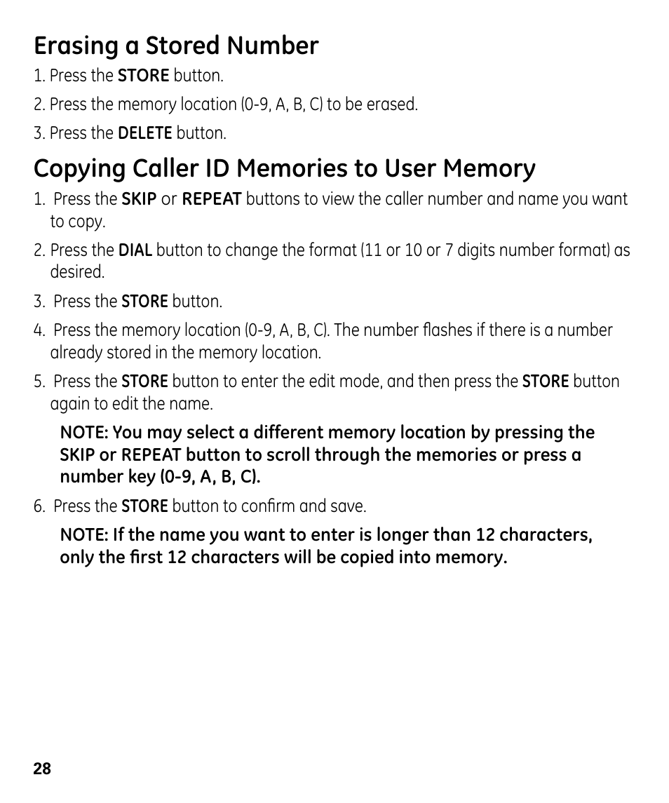 Erasing a stored number | GE 00024178 User Manual | Page 28 / 44