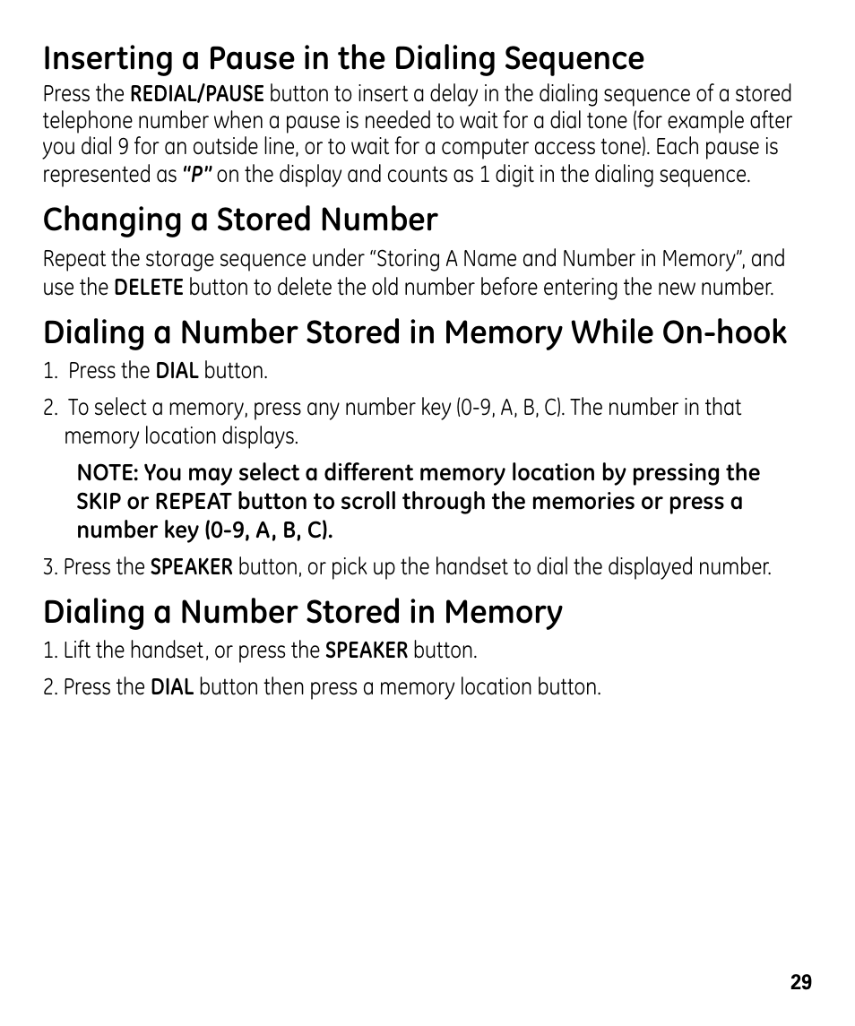 Inserting a pause in the dialing sequence, Changing a stored number | GE 00024178 User Manual | Page 29 / 44