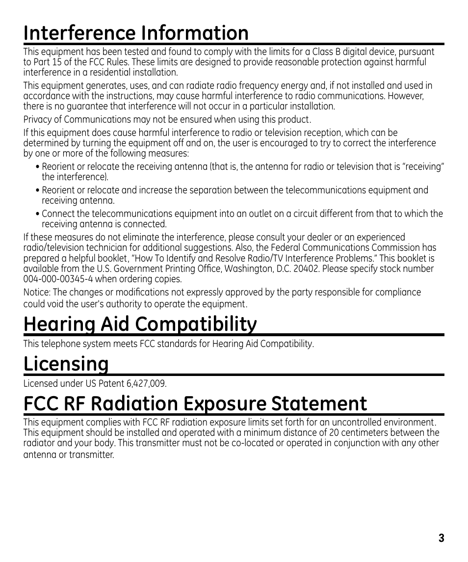 Interference information, Hearing aid compatibility, Licensing | Fcc rf radiation exposure statement | GE 00024178 User Manual | Page 3 / 44