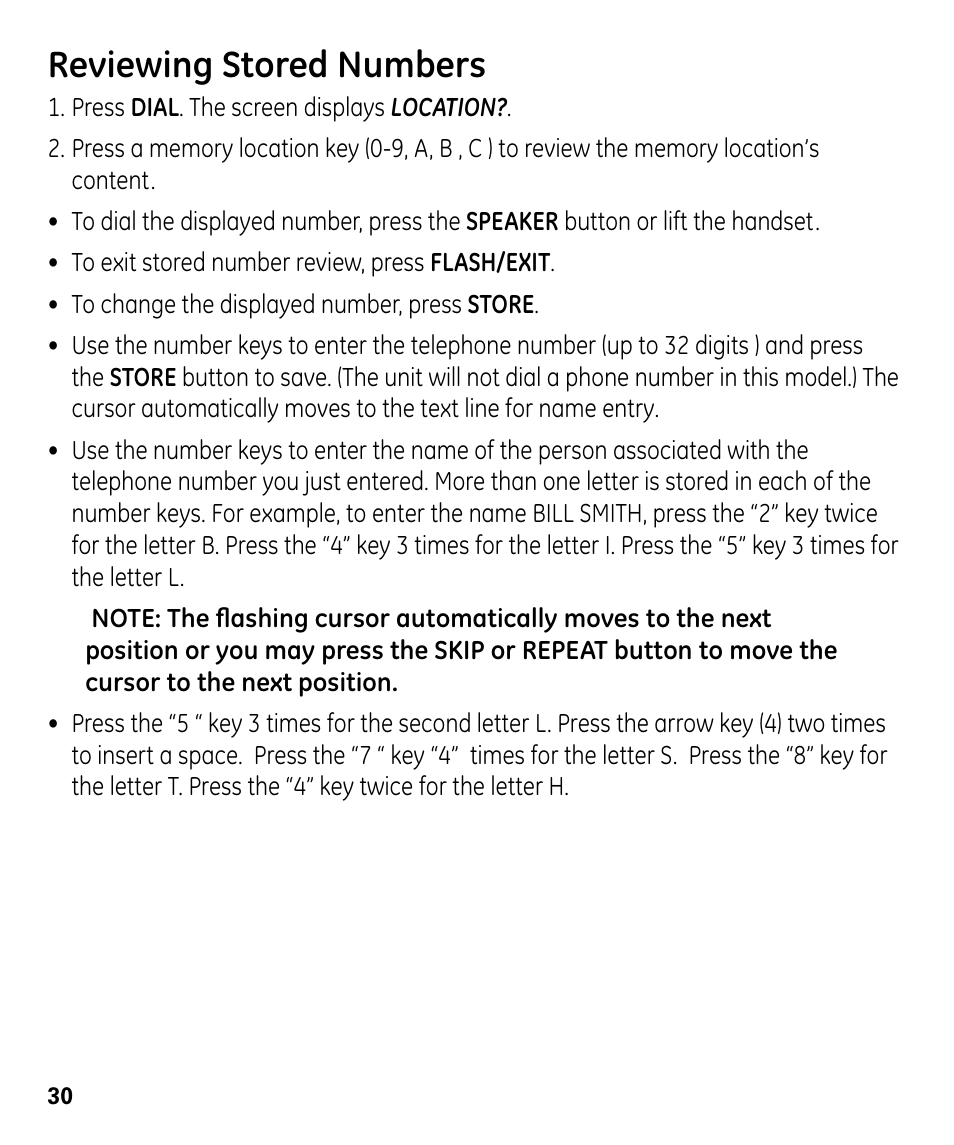 Reviewing stored numbers | GE 00024178 User Manual | Page 30 / 44