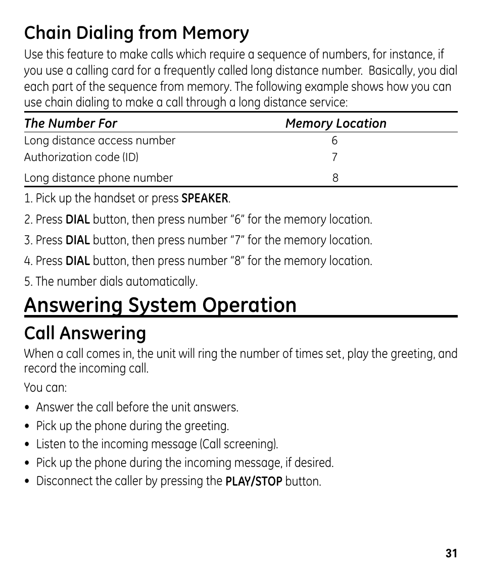 Answering system operation, Call answering | GE 00024178 User Manual | Page 31 / 44