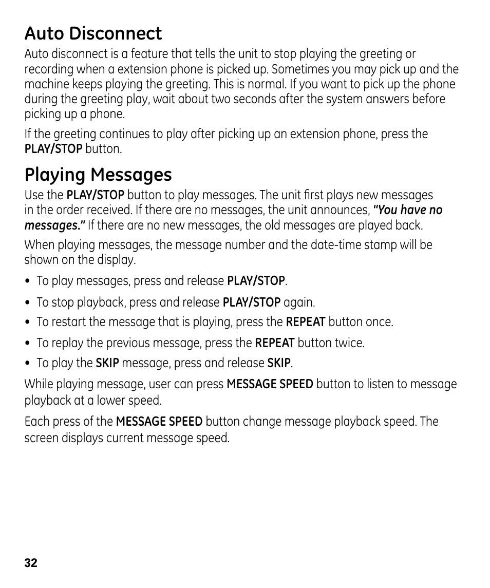 Auto disconnect, Playing messages | GE 00024178 User Manual | Page 32 / 44