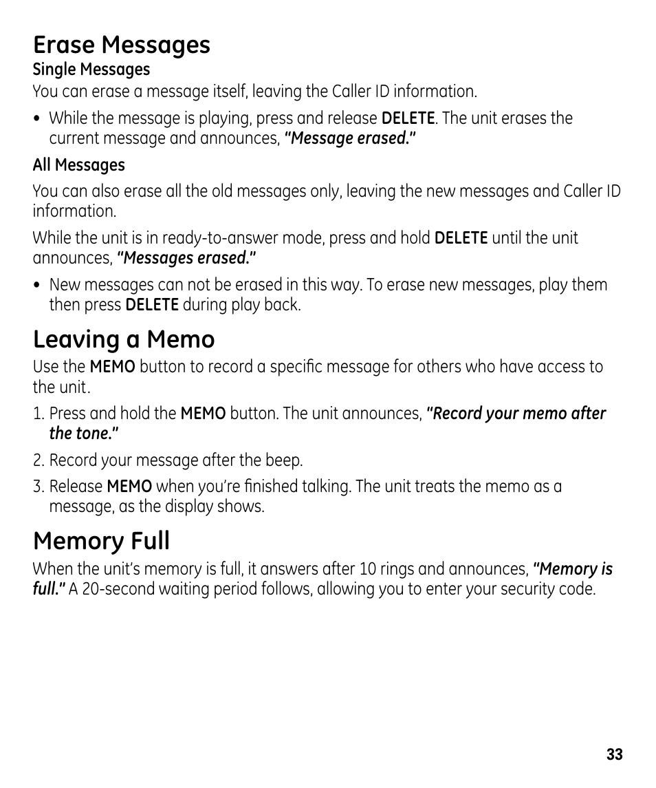Erase messages | GE 00024178 User Manual | Page 33 / 44