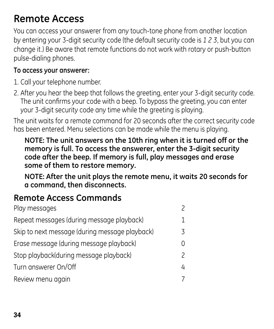 Remote access, Remote access commands | GE 00024178 User Manual | Page 34 / 44