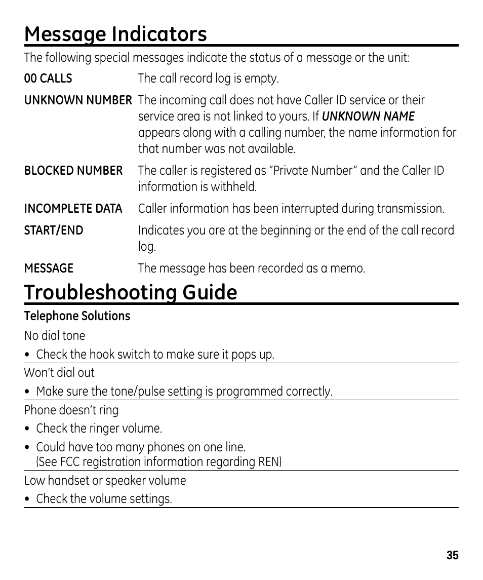 Message indicators, Troubleshooting guide | GE 00024178 User Manual | Page 35 / 44