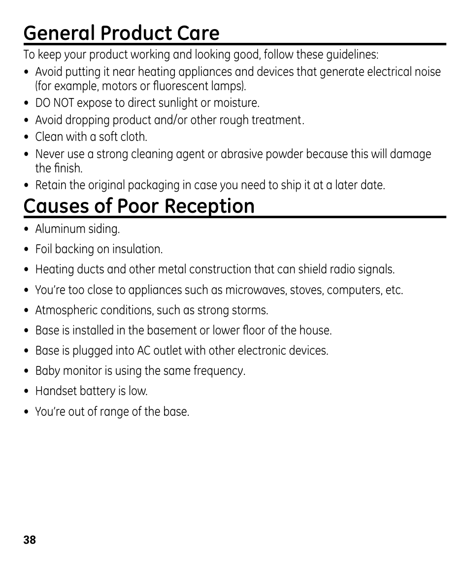 General product care, Causes of poor reception | GE 00024178 User Manual | Page 38 / 44