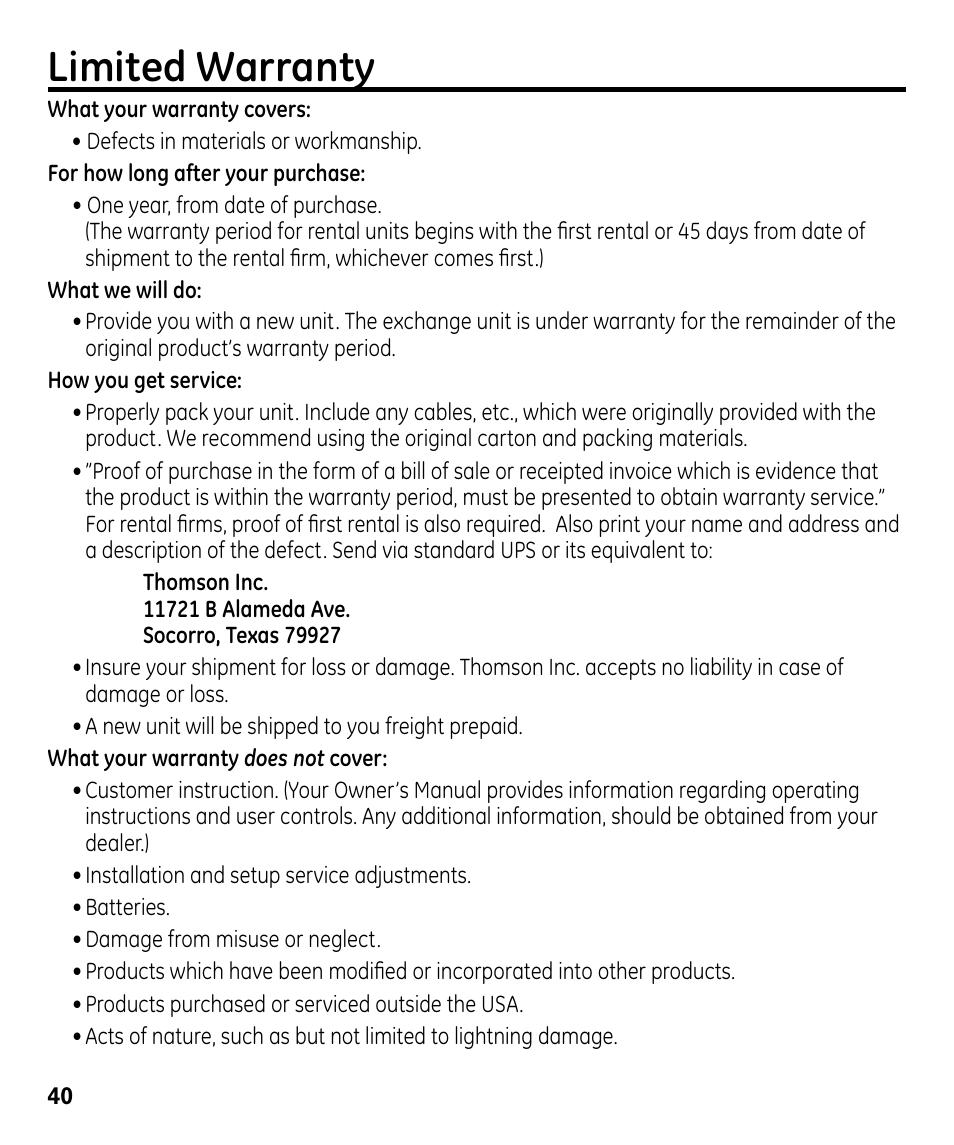 Limited warranty | GE 00024178 User Manual | Page 40 / 44