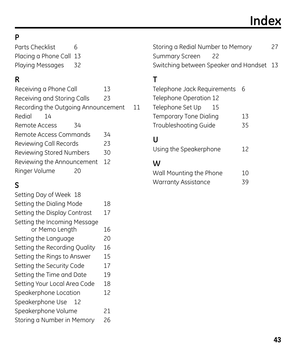 Index | GE 00024178 User Manual | Page 43 / 44