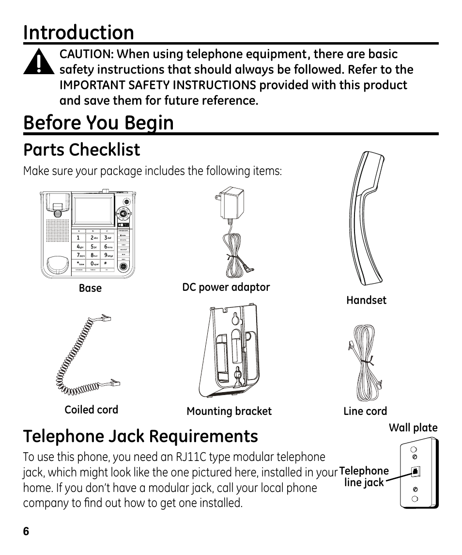 Introduction, Before you begin, Telephone jack requirements | Parts checklist | GE 00024178 User Manual | Page 6 / 44