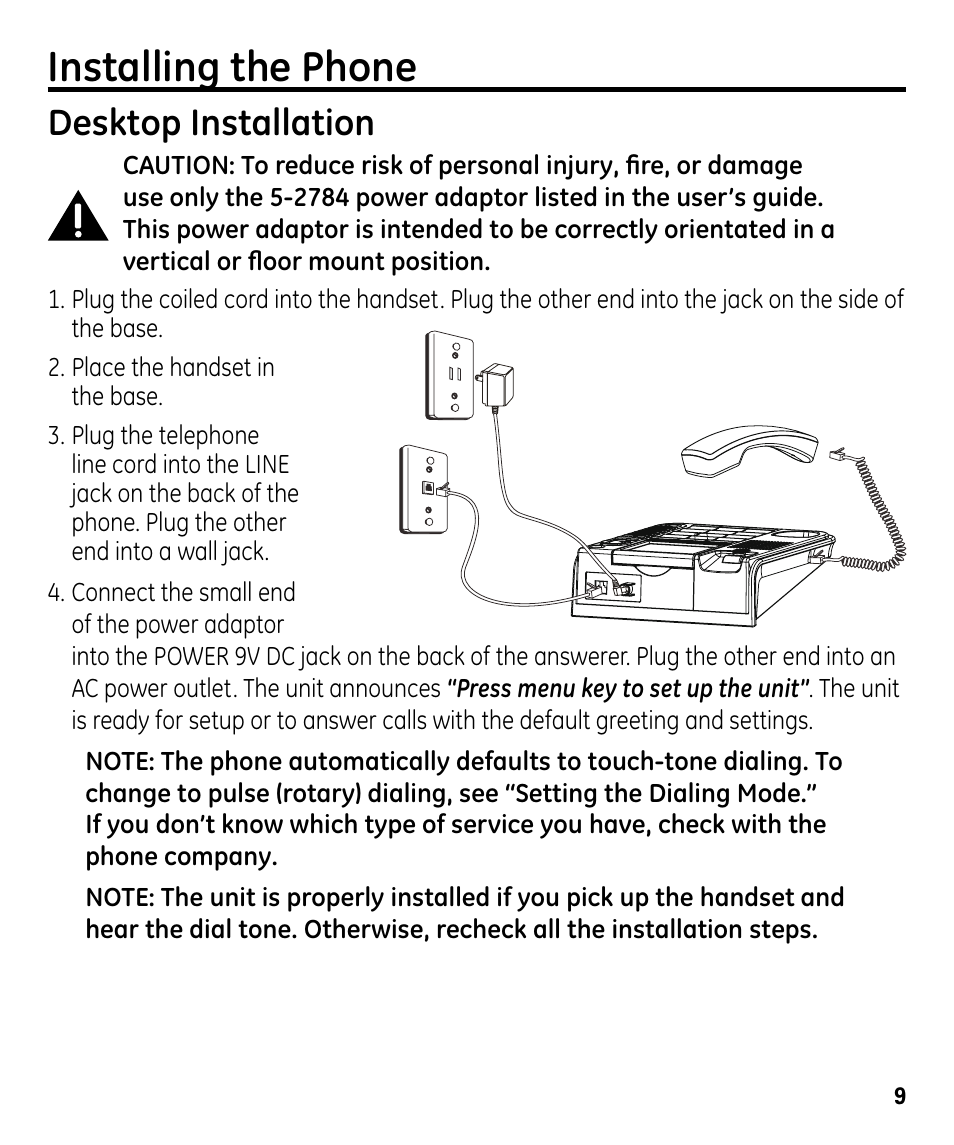 Installing the phone, Desktop installation | GE 00024178 User Manual | Page 9 / 44