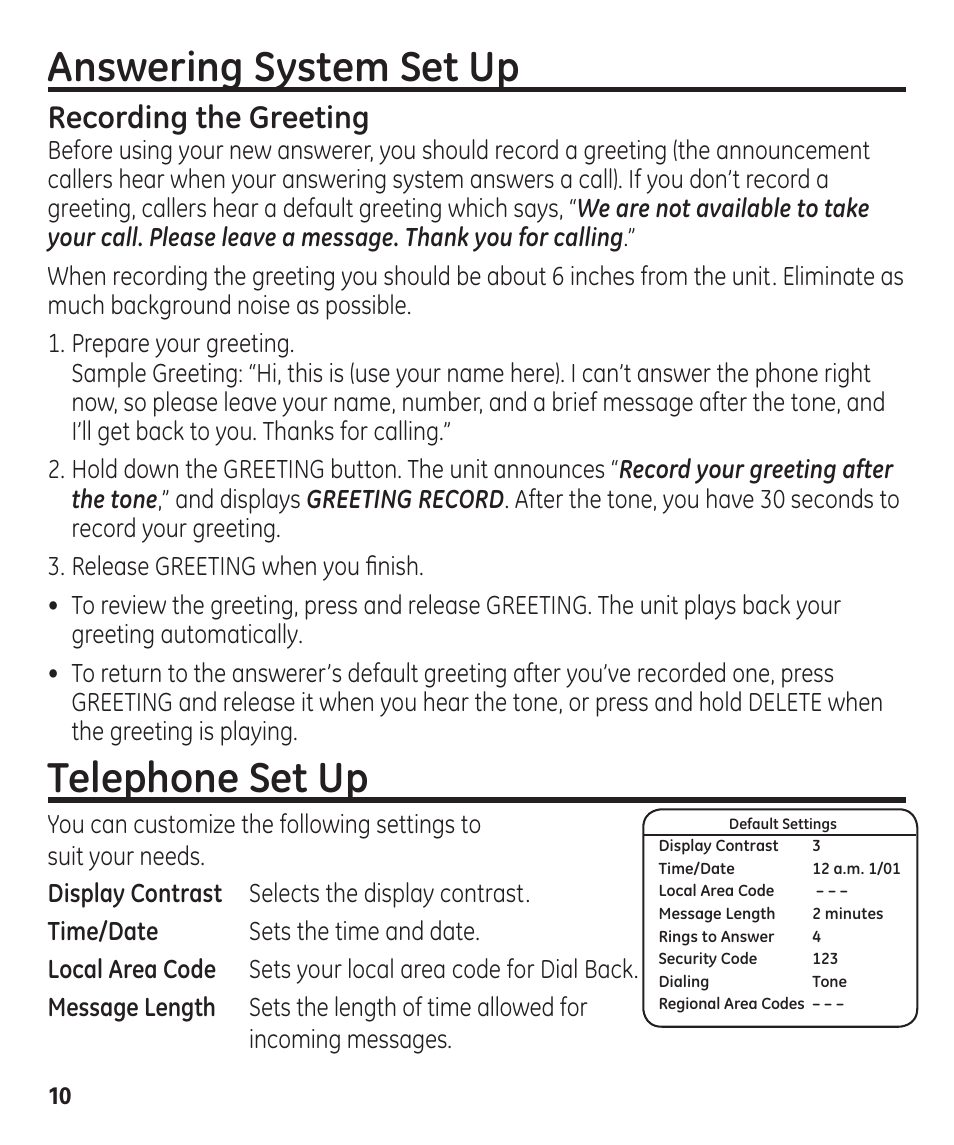 Answering system set up, Telephone set up, Recording the greeting | GE 55927740 User Manual | Page 10 / 72