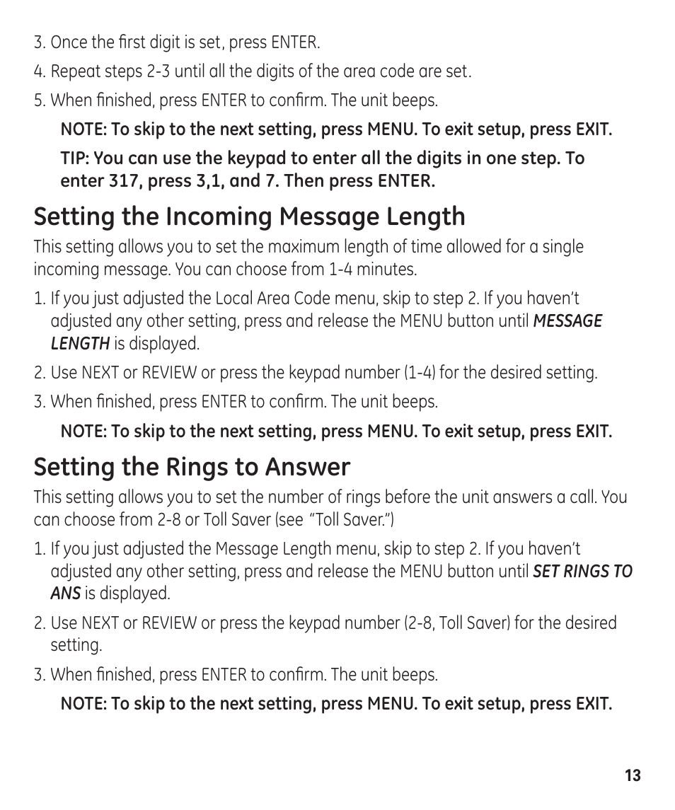 Setting the incoming message length, Setting the rings to answer | GE 55927740 User Manual | Page 13 / 72