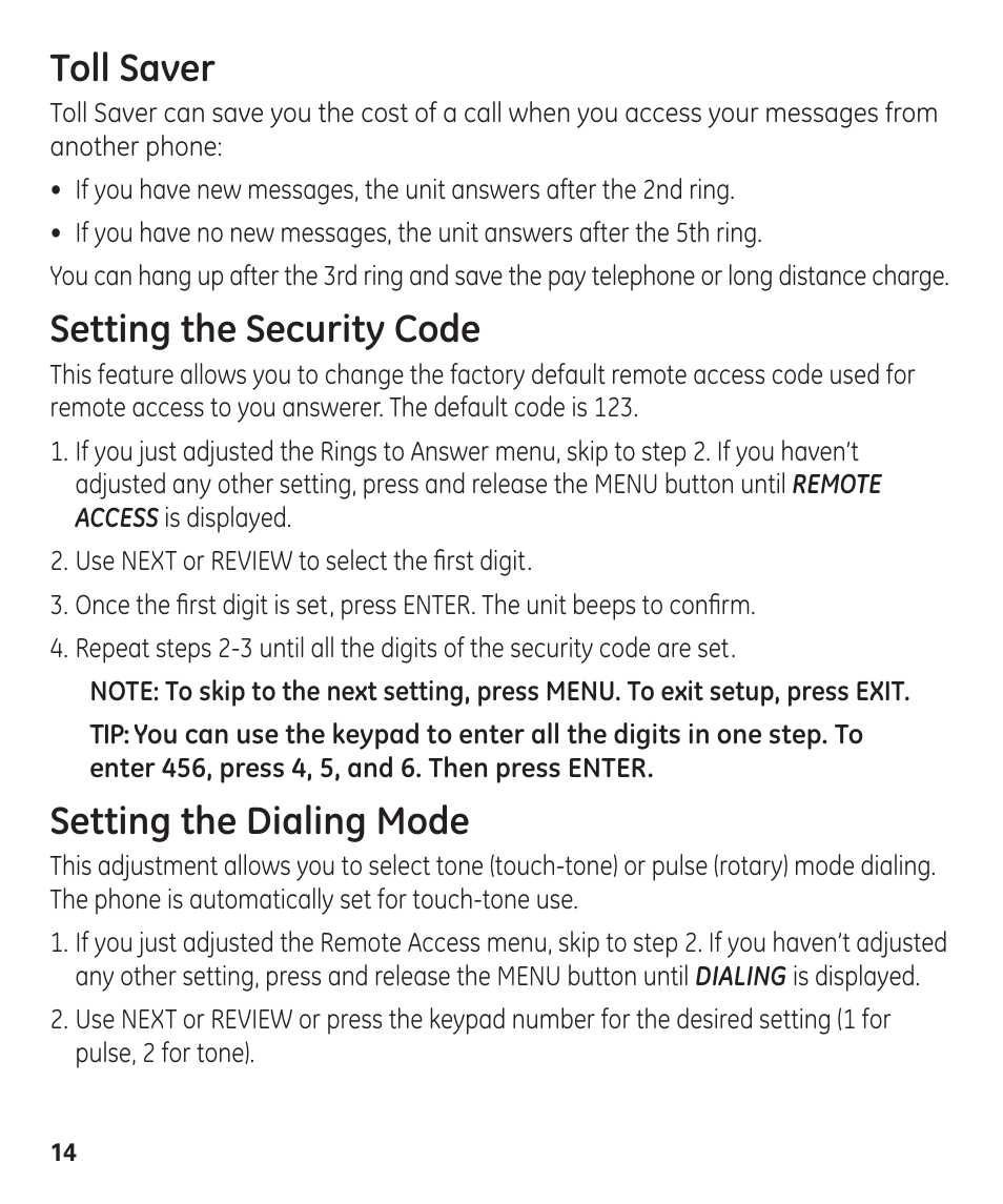 Toll saver, Setting the security code, Setting the dialing mode | GE 55927740 User Manual | Page 14 / 72