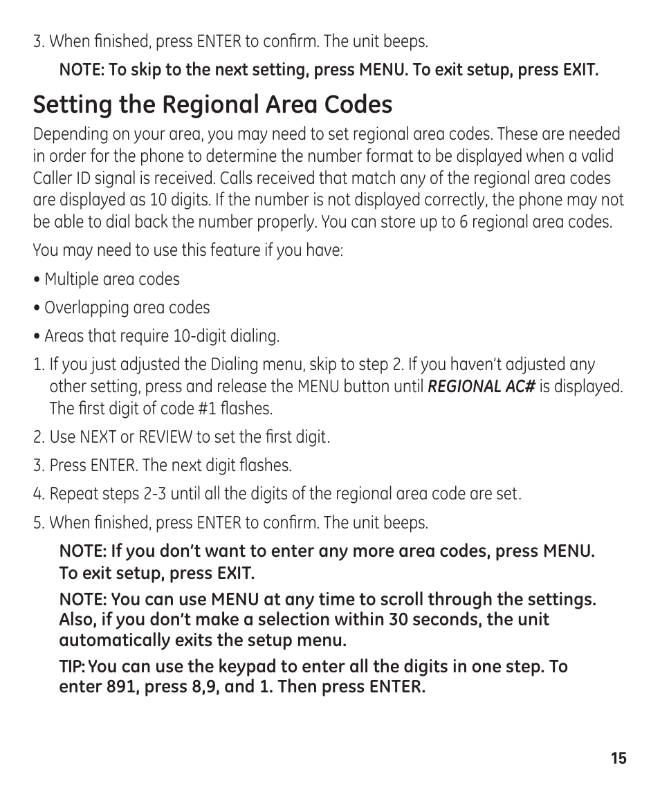 Setting the regional area codes | GE 55927740 User Manual | Page 15 / 72