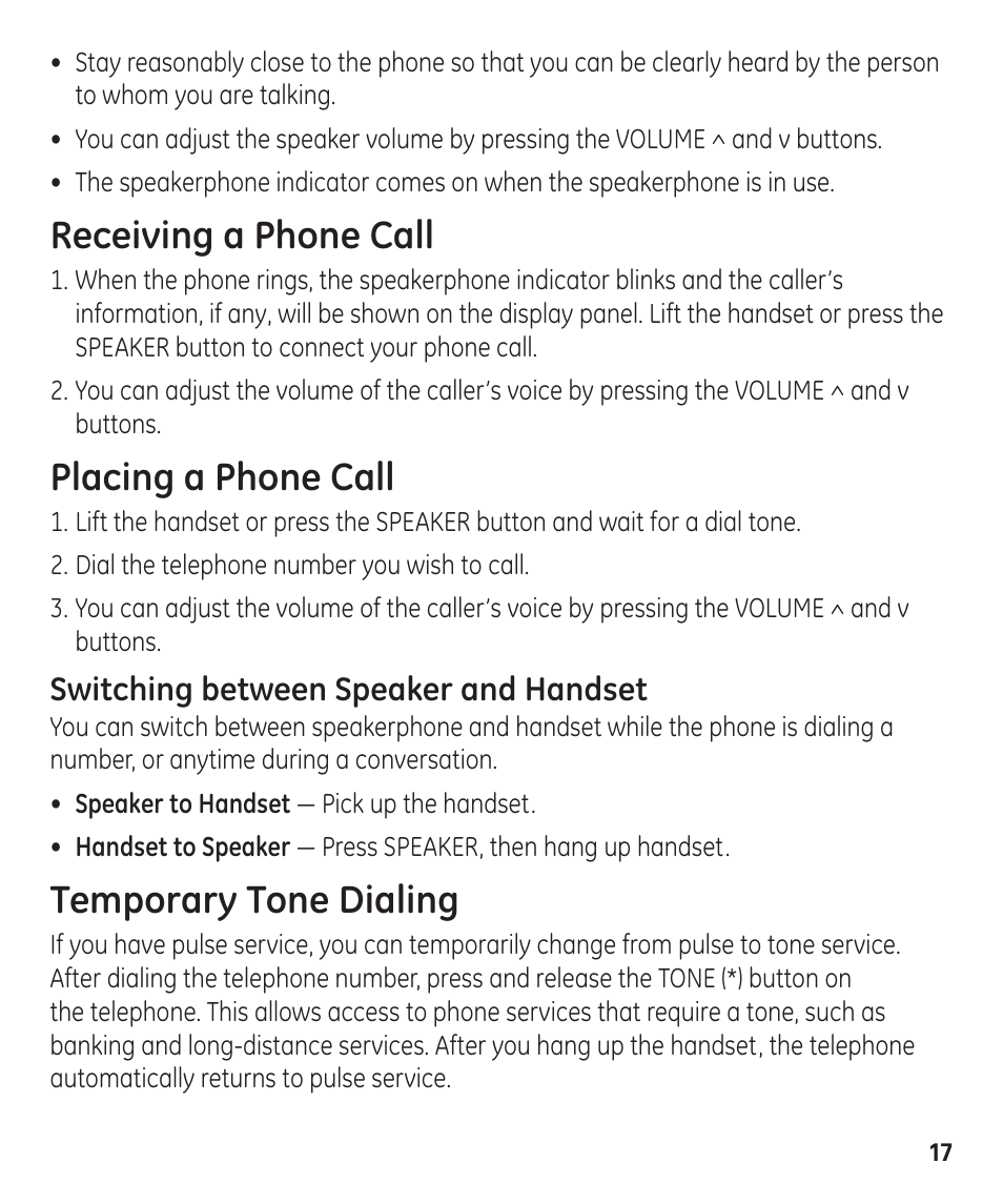 Receiving a phone call, Placing a phone call, Temporary tone dialing | GE 55927740 User Manual | Page 17 / 72