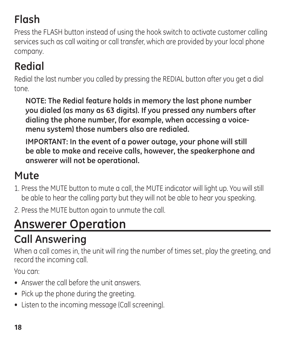 Answerer operation, Flash, Redial | Mute, Call answering | GE 55927740 User Manual | Page 18 / 72