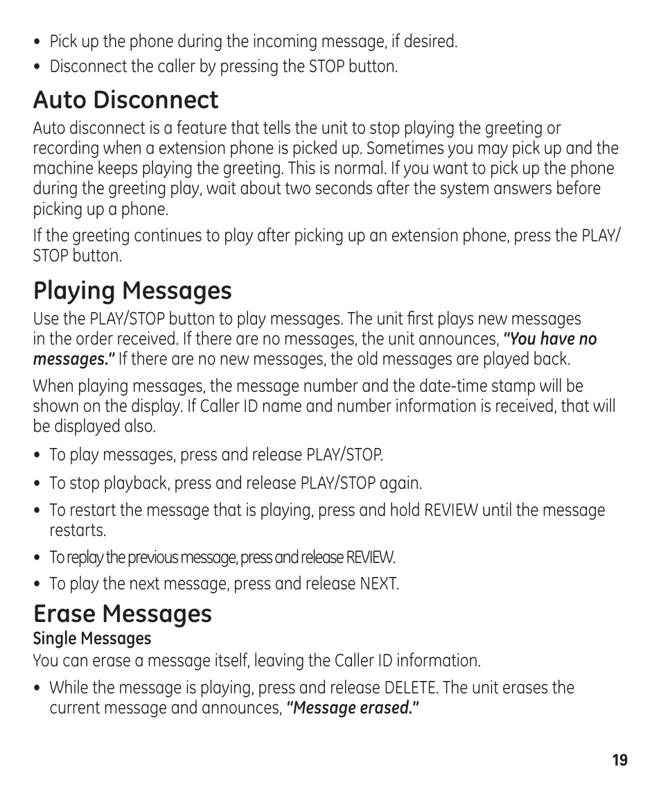 Auto disconnect, Playing messages, Erase messages | GE 55927740 User Manual | Page 19 / 72