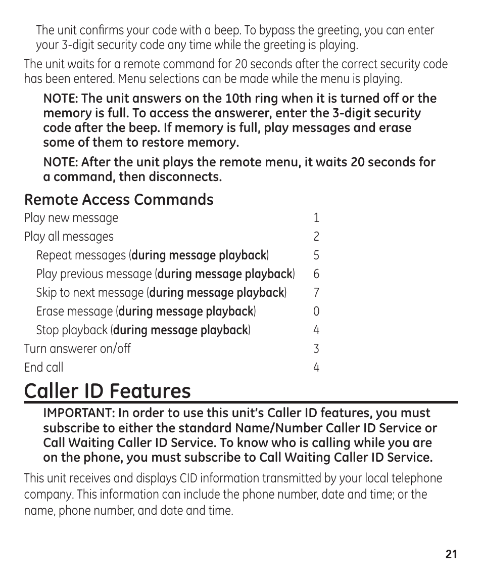 Caller id features, Remote access commands | GE 55927740 User Manual | Page 21 / 72