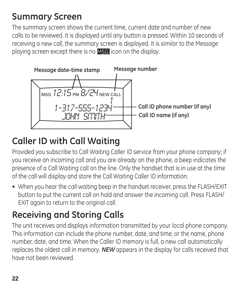 Summary screen, Caller id with call waiting, Receiving and storing calls | GE 55927740 User Manual | Page 22 / 72