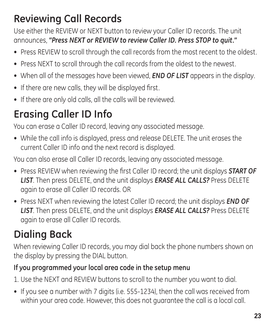 Reviewing call records, Erasing caller id info, Dialing back | GE 55927740 User Manual | Page 23 / 72