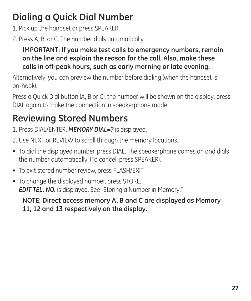 Dialing a quick dial number, Reviewing stored numbers | GE 55927740 User Manual | Page 27 / 72