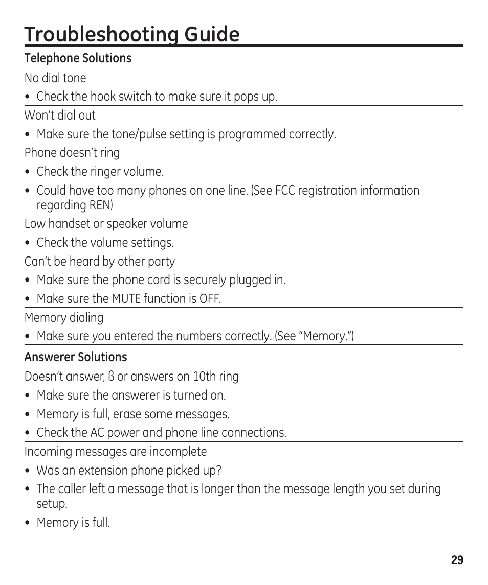 Troubleshooting guide | GE 55927740 User Manual | Page 29 / 72