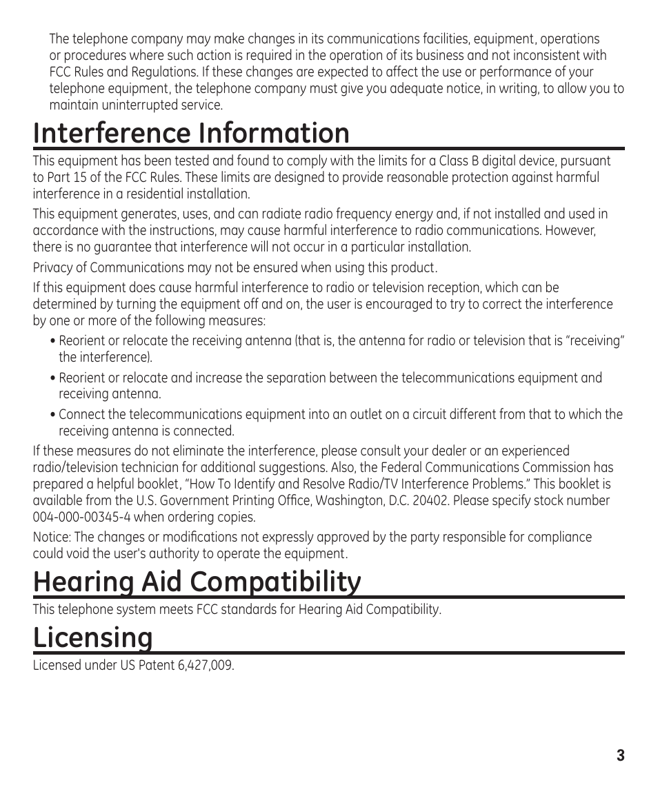 Interference information, Hearing aid compatibility, Licensing | GE 55927740 User Manual | Page 3 / 72