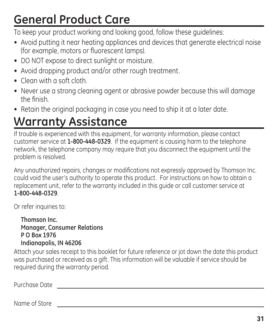 General product care, Warranty assistance | GE 55927740 User Manual | Page 31 / 72