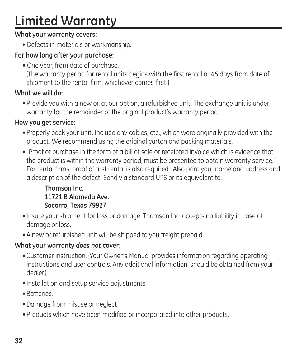 Limited warranty | GE 55927740 User Manual | Page 32 / 72