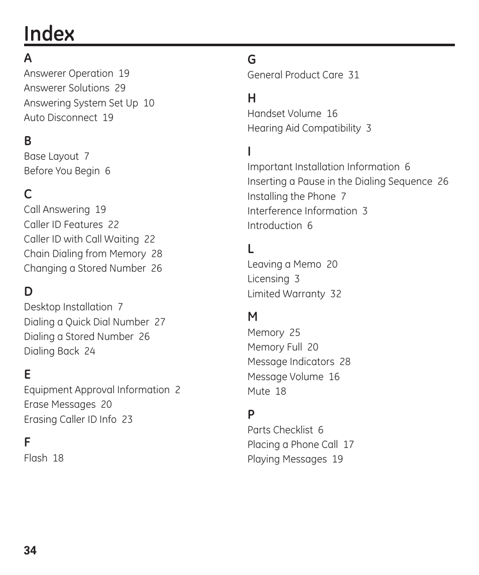 Index | GE 55927740 User Manual | Page 34 / 72
