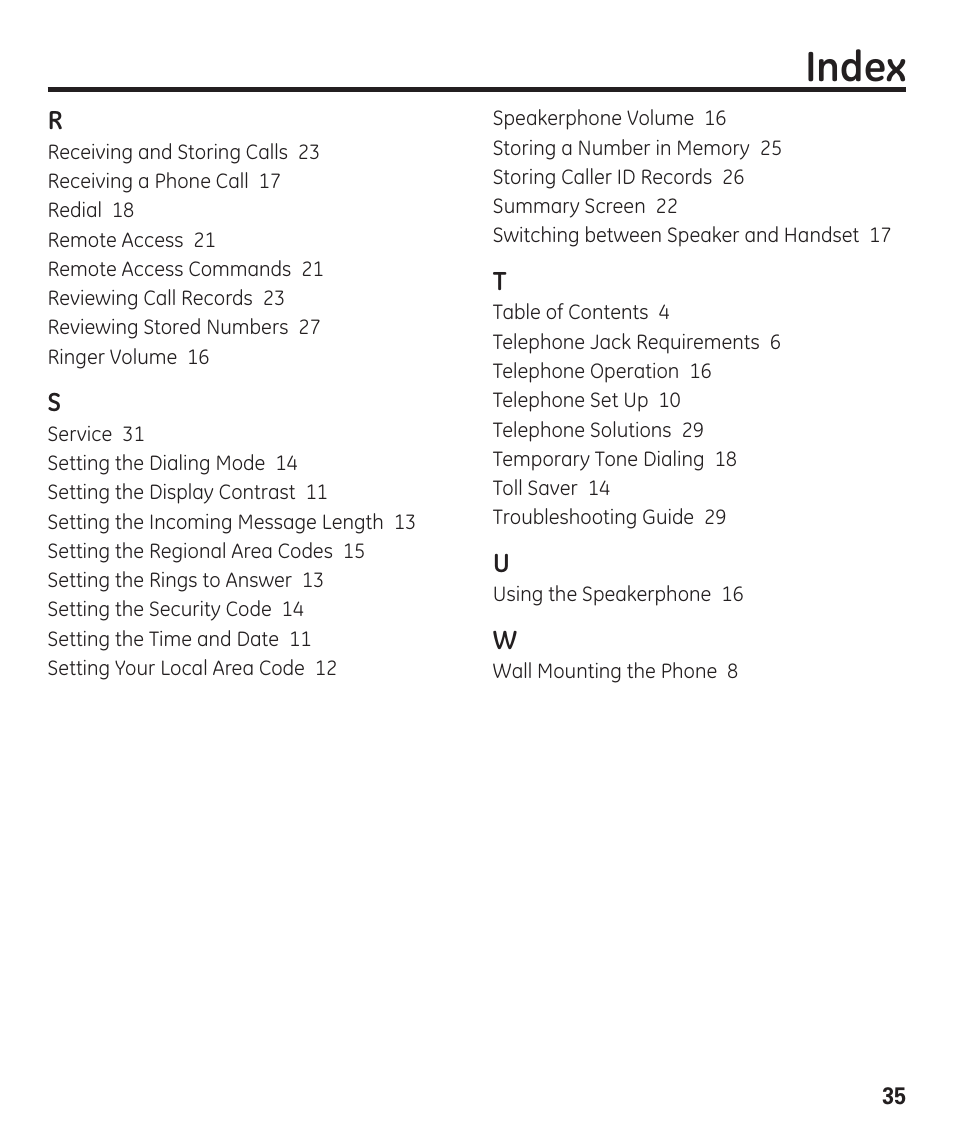 Index | GE 55927740 User Manual | Page 35 / 72