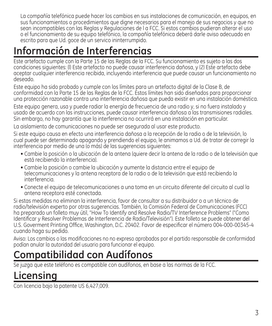 Información de interferencias, Compatibilidad con audífonos, Licensing | GE 55927740 User Manual | Page 39 / 72