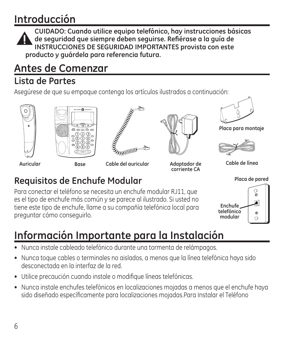 Introducción, Antes de comenzar, Información importante para la instalación | Lista de partes, Requisitos de enchufe modular | GE 55927740 User Manual | Page 42 / 72