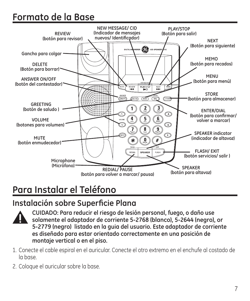 Para instalar el teléfono, Formato de la base, Instalación sobre superficie plana | GE 55927740 User Manual | Page 43 / 72