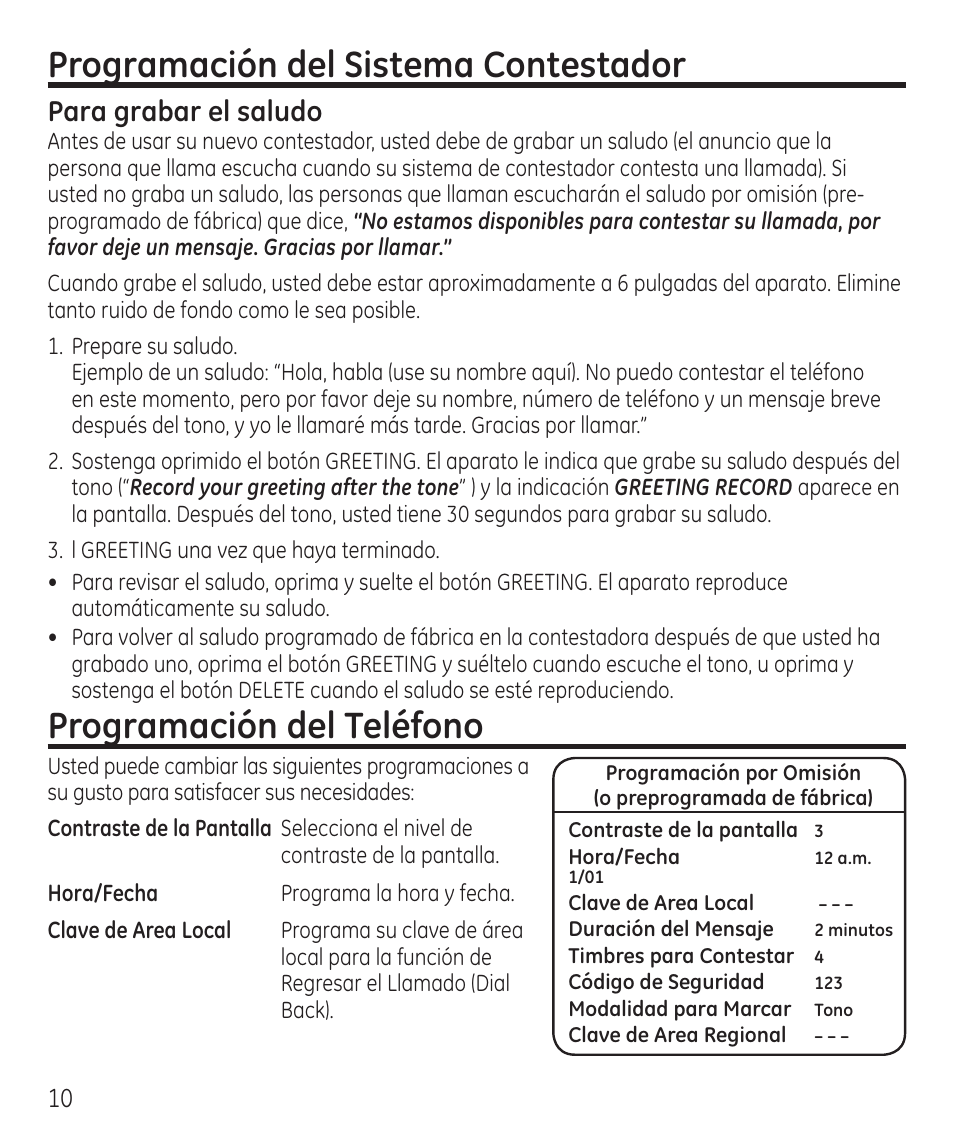 Programación del sistema contestador, Programación del teléfono, Para grabar el saludo | GE 55927740 User Manual | Page 46 / 72