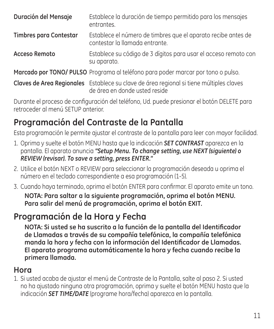 Programación del contraste de la pantalla, Programación de la hora y fecha, Hora | GE 55927740 User Manual | Page 47 / 72