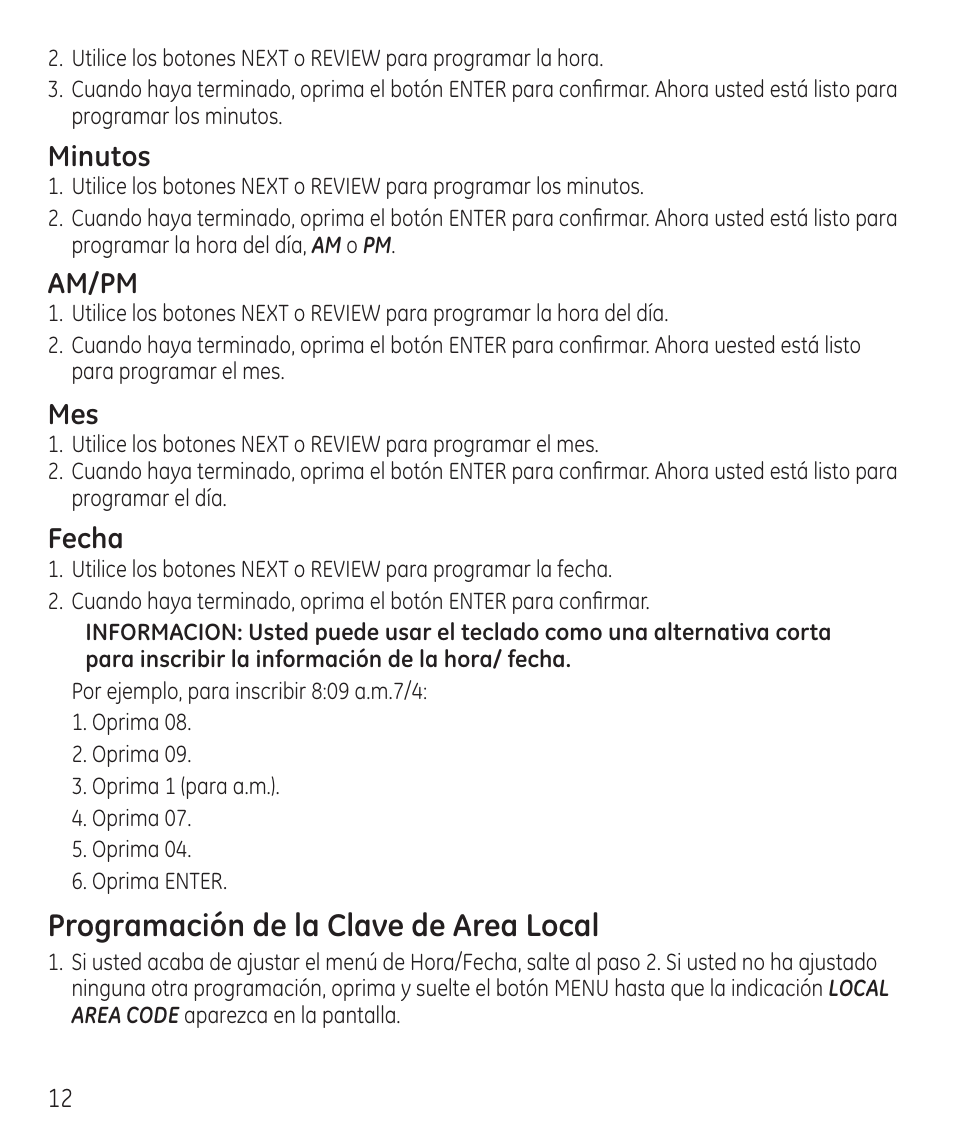 Programación de la clave de area local, Minutos, Am/pm | Fecha | GE 55927740 User Manual | Page 48 / 72