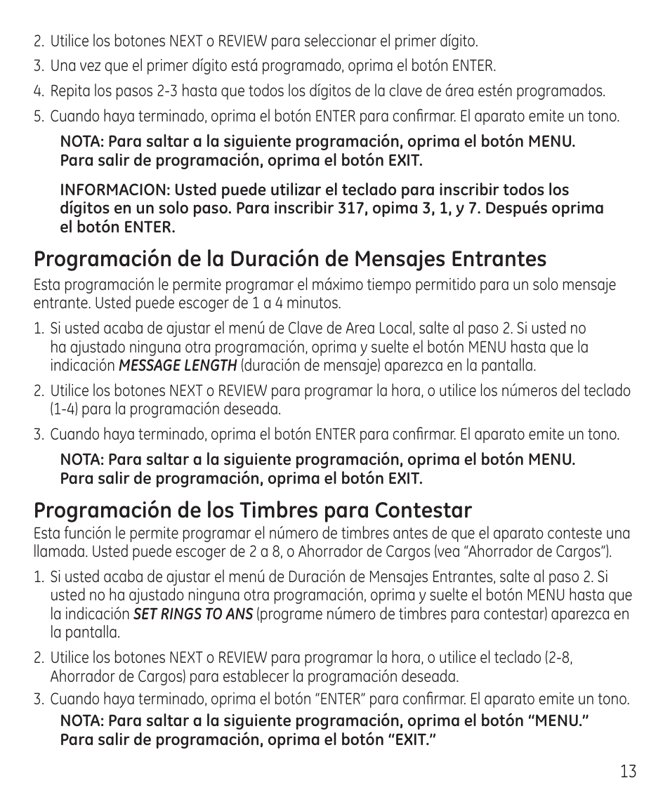 Programación de la duración de mensajes entrantes, Programación de los timbres para contestar | GE 55927740 User Manual | Page 49 / 72