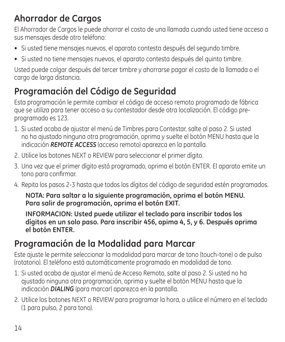 Ahorrador de cargos, Programación del código de seguridad, Programación de la modalidad para marcar | GE 55927740 User Manual | Page 50 / 72