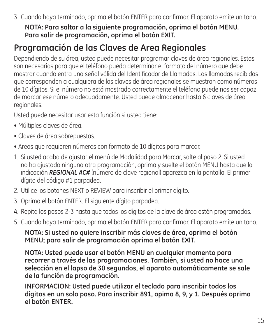 Programación de las claves de area regionales | GE 55927740 User Manual | Page 51 / 72