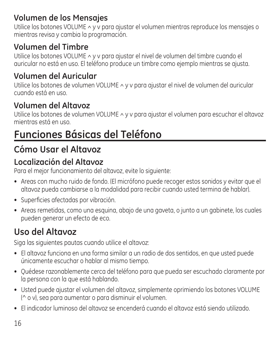 Funciones básicas del teléfono, Cómo usar el altavoz, Uso del altavoz | Volumen de los mensajes, Volumen del timbre, Volumen del auricular, Volumen del altavoz, Localización del altavoz | GE 55927740 User Manual | Page 52 / 72