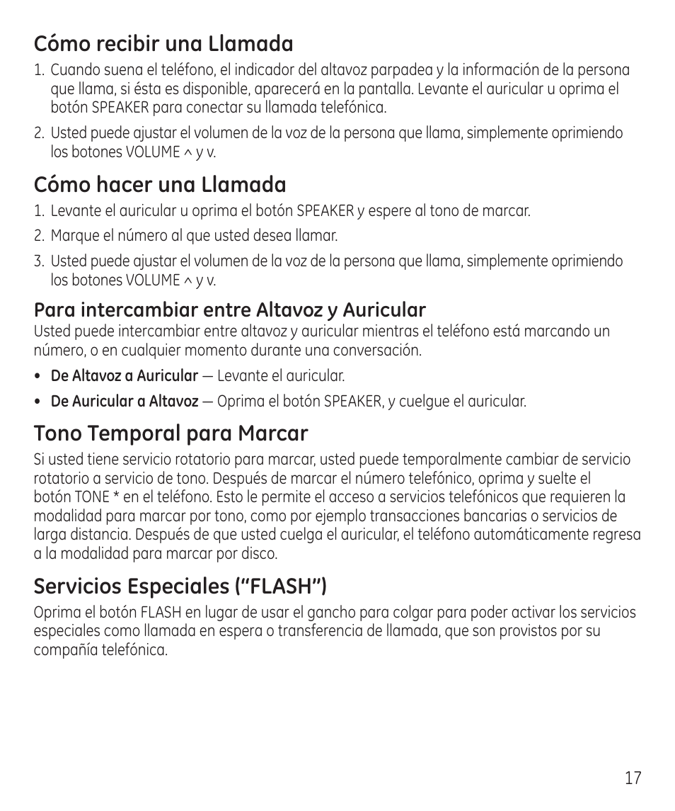 Cómo recibir una llamada, Cómo hacer una llamada, Tono temporal para marcar | Servicios especiales (“flash”), Para intercambiar entre altavoz y auricular | GE 55927740 User Manual | Page 53 / 72