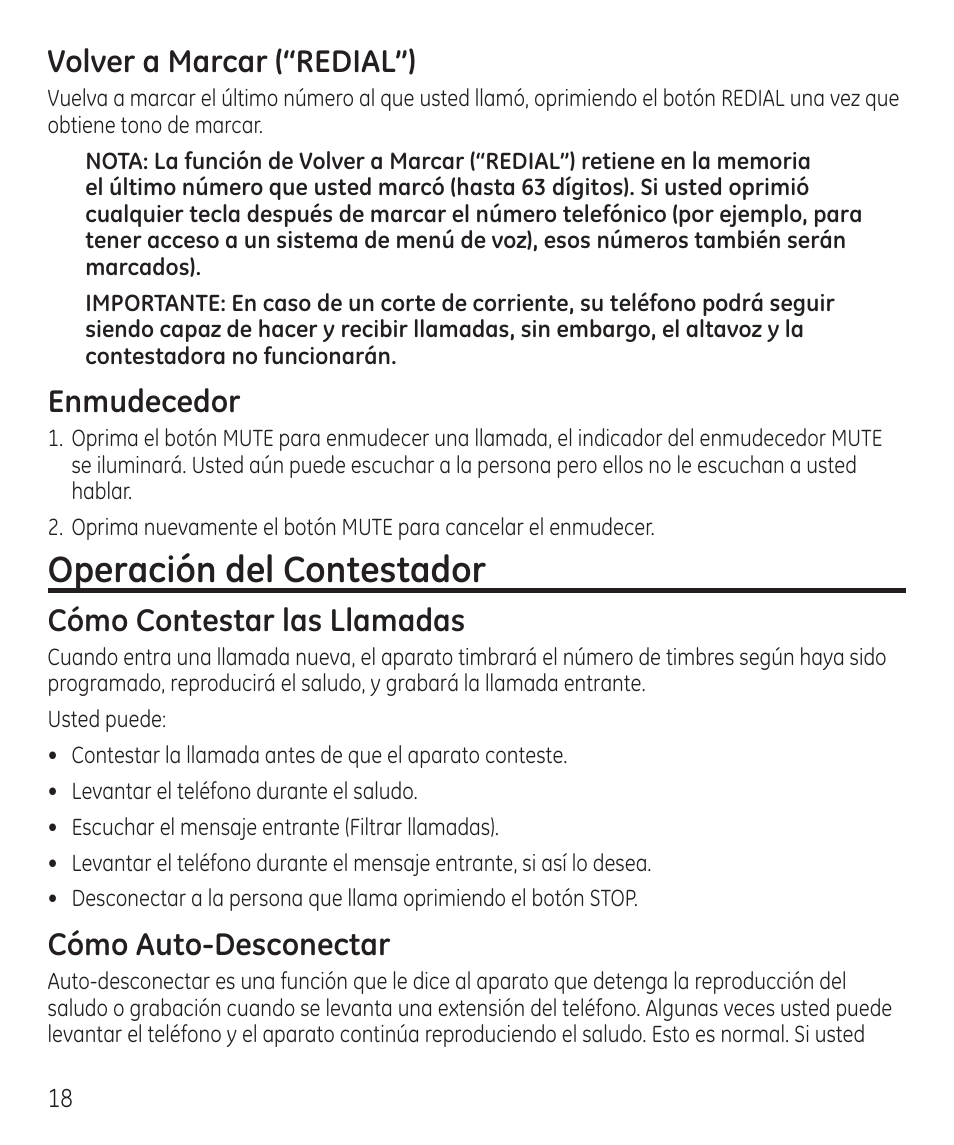 Operación del contestador, Volver a marcar (“redial”), Enmudecedor | Cómo contestar las llamadas, Cómo auto-desconectar | GE 55927740 User Manual | Page 54 / 72