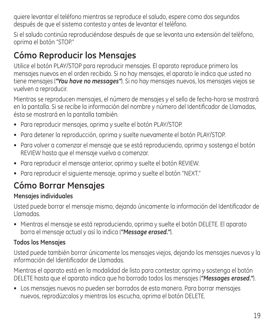 Cómo reproducir los mensajes, Cómo borrar mensajes | GE 55927740 User Manual | Page 55 / 72